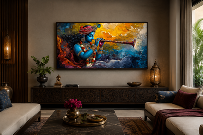 Colorful Krishna Playing Flute Framed Horizontal Canvas Wall Art