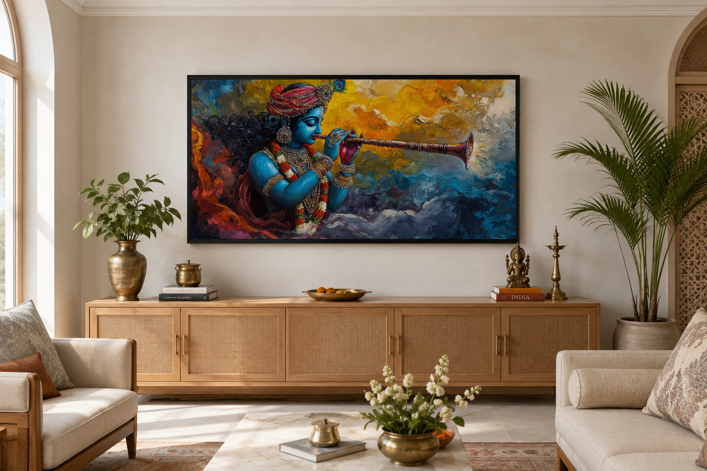 Colorful Krishna Playing Flute Framed Horizontal Canvas Wall Art