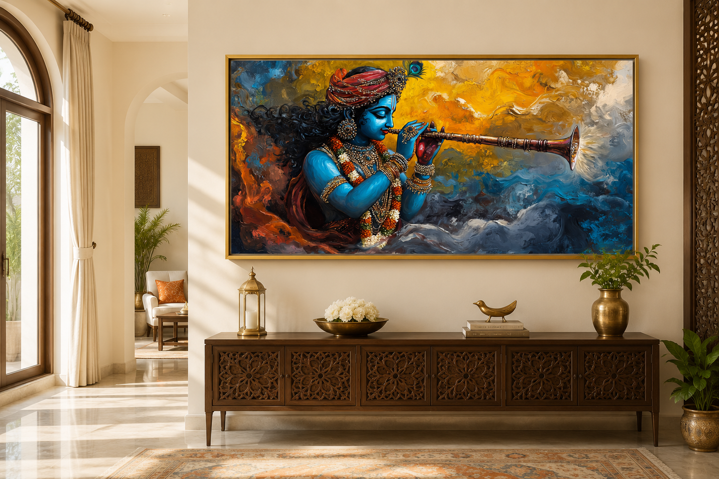 Colorful Krishna Playing Flute Framed Horizontal Canvas Wall Art