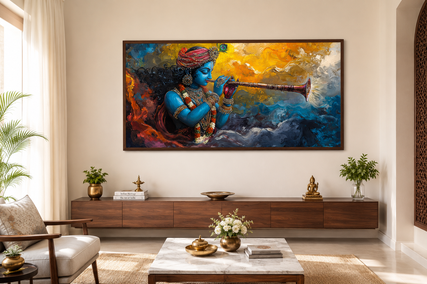 Colorful Krishna Playing Flute Framed Horizontal Canvas Wall Art