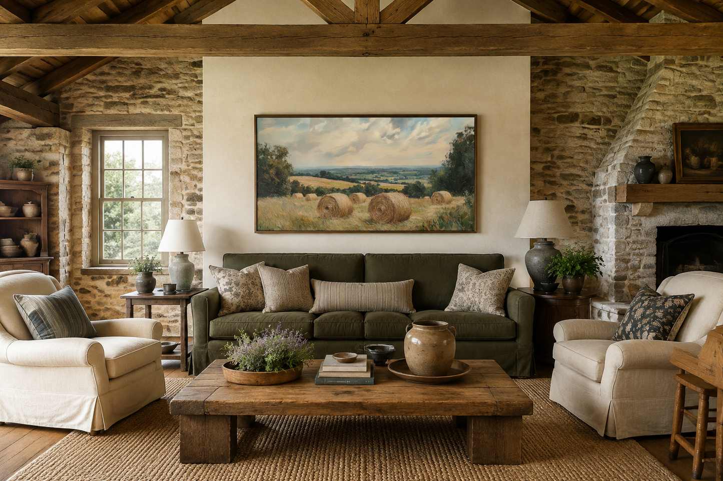 Pastoral Hay Field Framed Canvas Wall Art For Farmhouse Decor