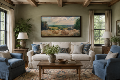 Pastoral Hay Field Framed Canvas Wall Art For Farmhouse Decor