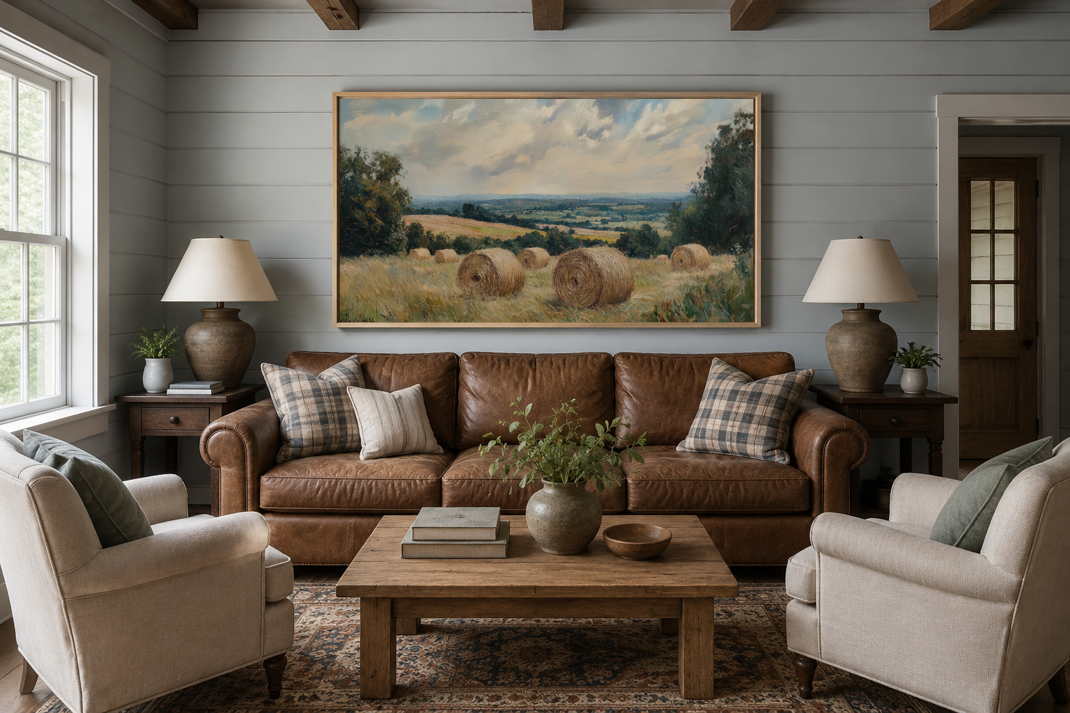 Pastoral Hay Field Framed Canvas Wall Art For Farmhouse Decor