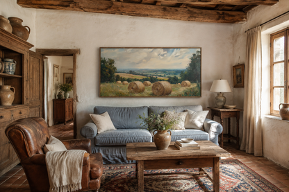 Pastoral Hay Field Framed Canvas Wall Art For Farmhouse Decor