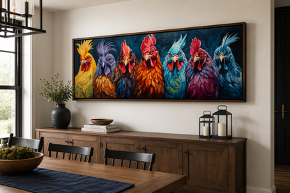 Colorful Roosters And Chickens Horizontal Farmhouse Kitchen Wall Art