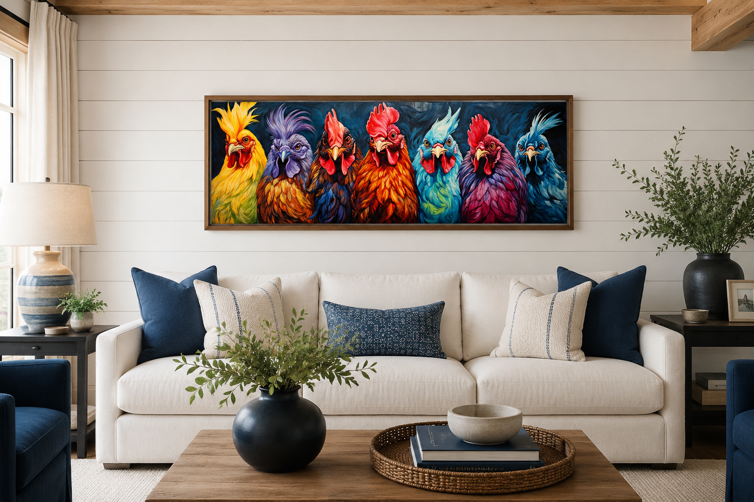 Colorful Roosters And Chickens Horizontal Farmhouse Kitchen Wall Art