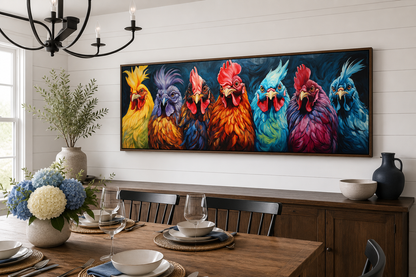 Colorful Roosters And Chickens Horizontal Farmhouse Kitchen Wall Art