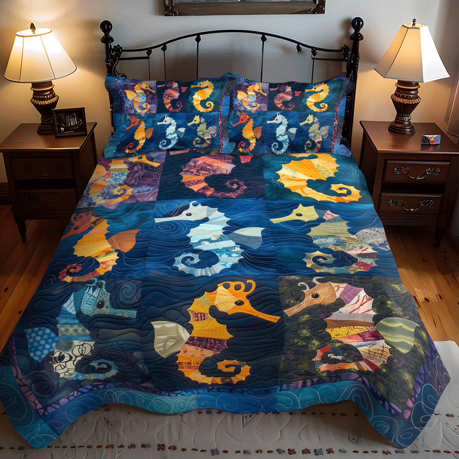 Colorful Seahorses 3-Piece Quilted Bedding Set - Single (59" x 70")