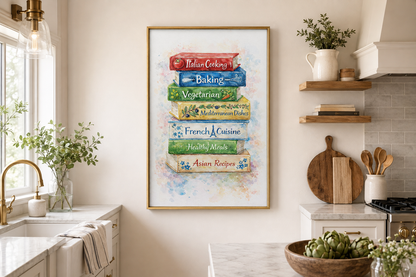 Cookbook Wall Art – Colorful Stacked Cookbooks Canvas Print | Farmhouse Kitchen Decor