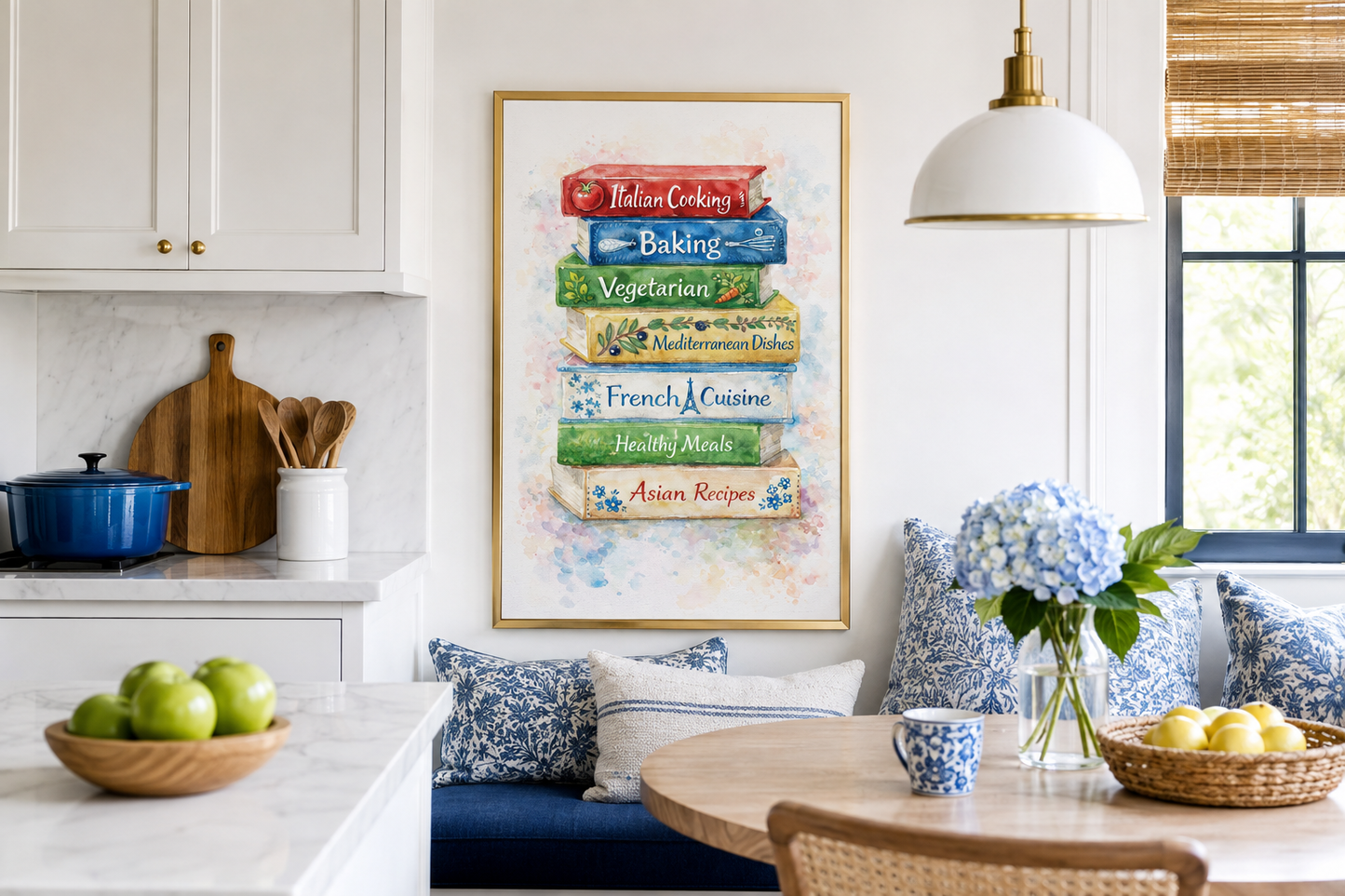 Cookbook Wall Art – Colorful Stacked Cookbooks Canvas Print | Farmhouse Kitchen Decor