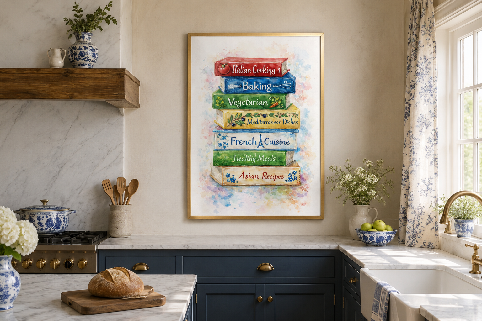 Cookbook Wall Art – Colorful Stacked Cookbooks Canvas Print | Farmhouse Kitchen Decor