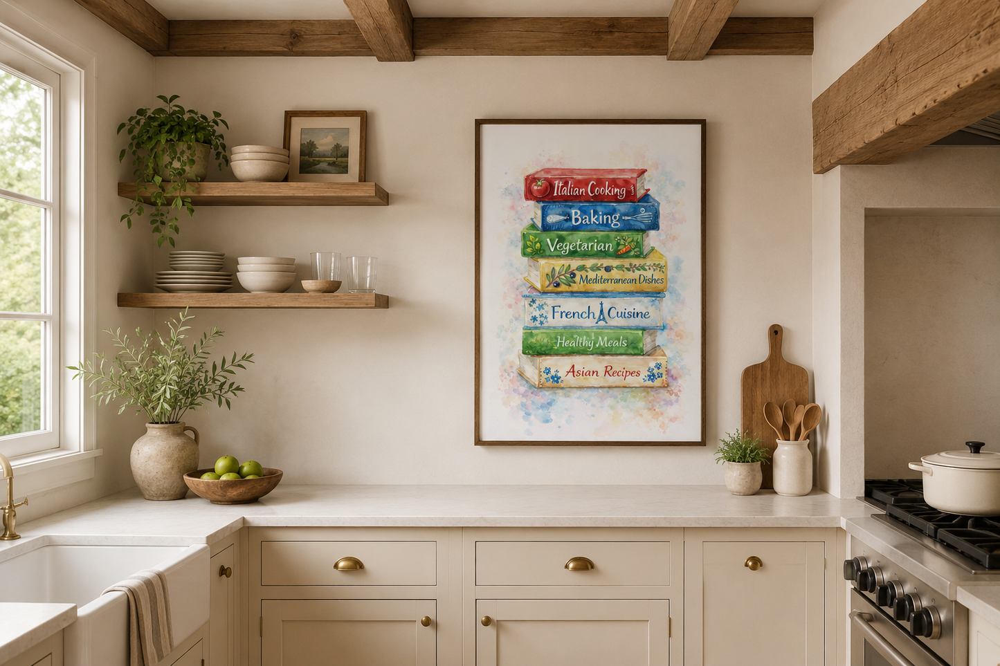 Cookbook Wall Art – Colorful Stacked Cookbooks Canvas Print | Farmhouse Kitchen Decor