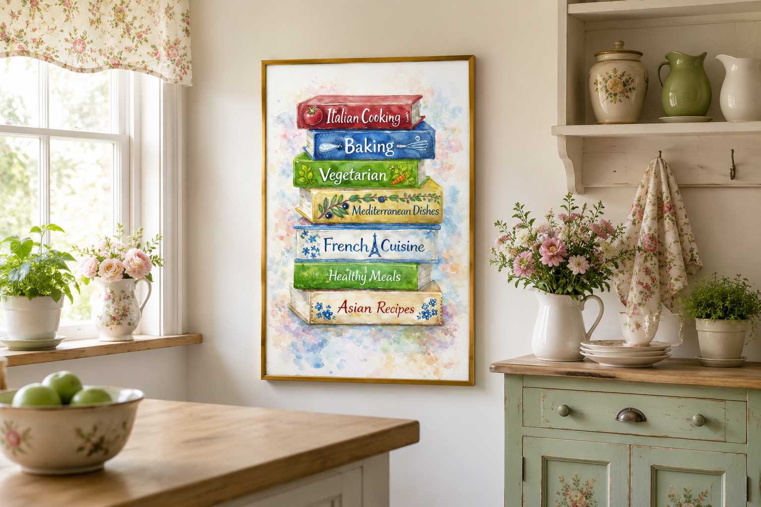 Cookbook Wall Art – Colorful Stacked Cookbooks Canvas Print | Farmhouse Kitchen Decor