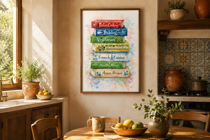 Cookbook Wall Art – Colorful Stacked Cookbooks Canvas Print | Farmhouse Kitchen Decor