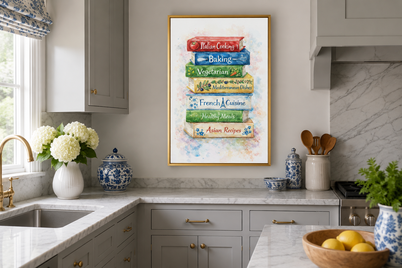 Cookbook Wall Art – Colorful Stacked Cookbooks Canvas Print | Farmhouse Kitchen Decor