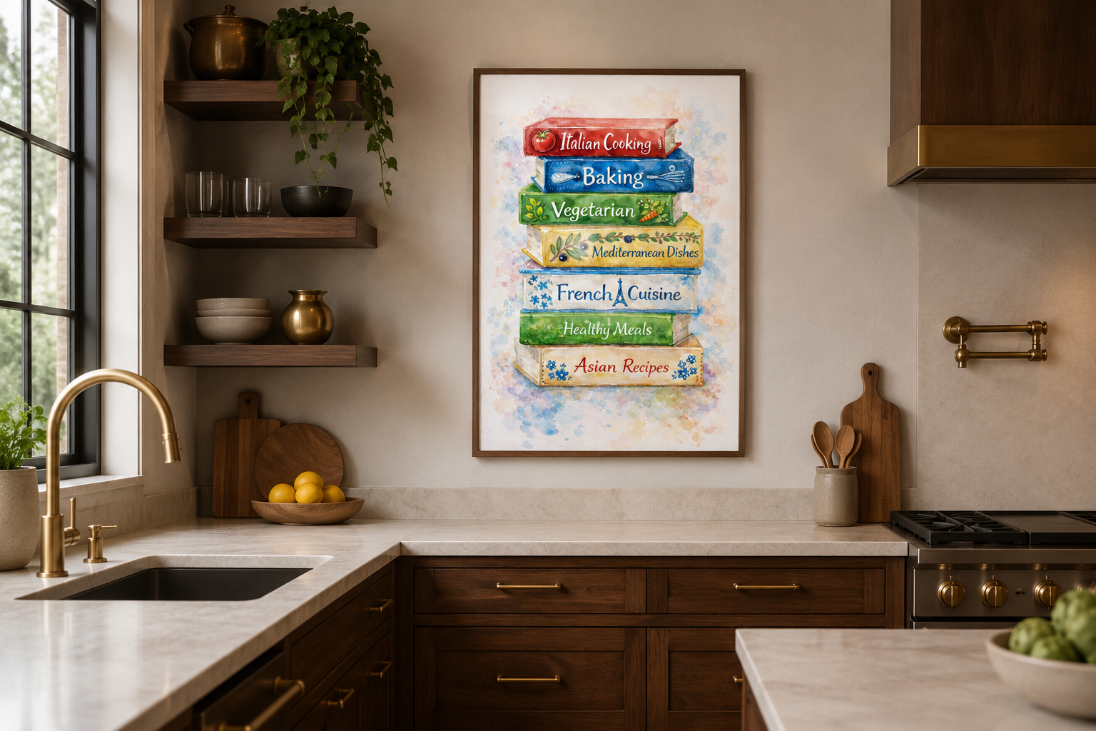 Cookbook Wall Art – Colorful Stacked Cookbooks Canvas Print | Farmhouse Kitchen Decor
