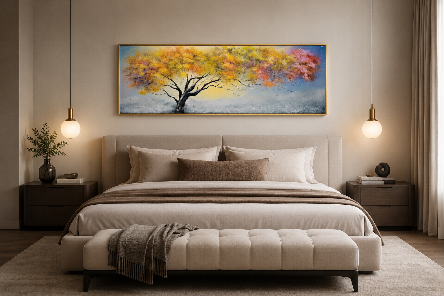 Colorful Tree Pink Blue Yellow Over Bed Horizontal Framed Canvas Wall Art