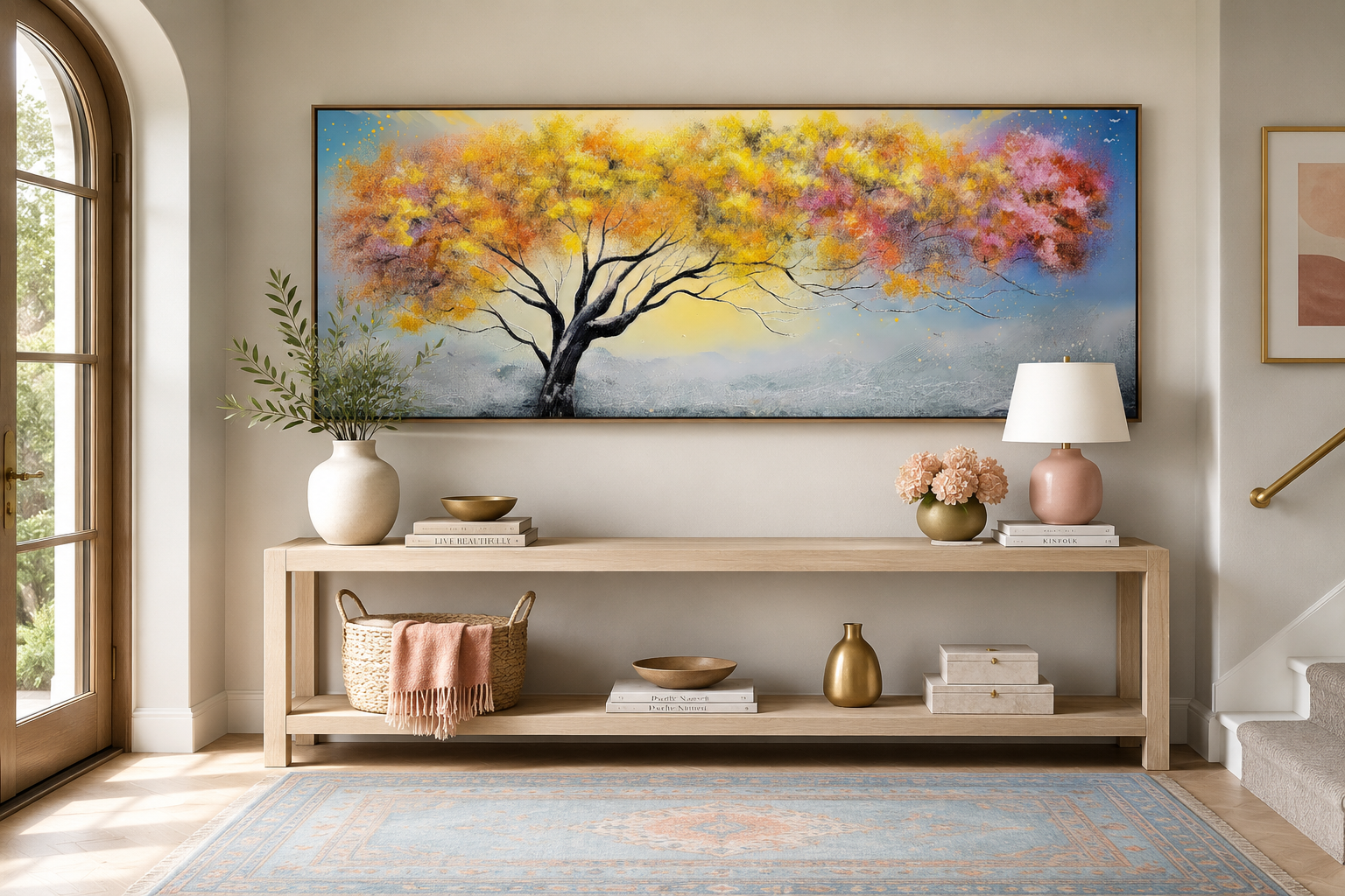 Colorful Tree Pink Blue Yellow Over Bed Horizontal Framed Canvas Wall Art