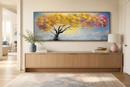 Colorful Tree Pink Blue Yellow Over Bed Horizontal Framed Canvas Wall Art