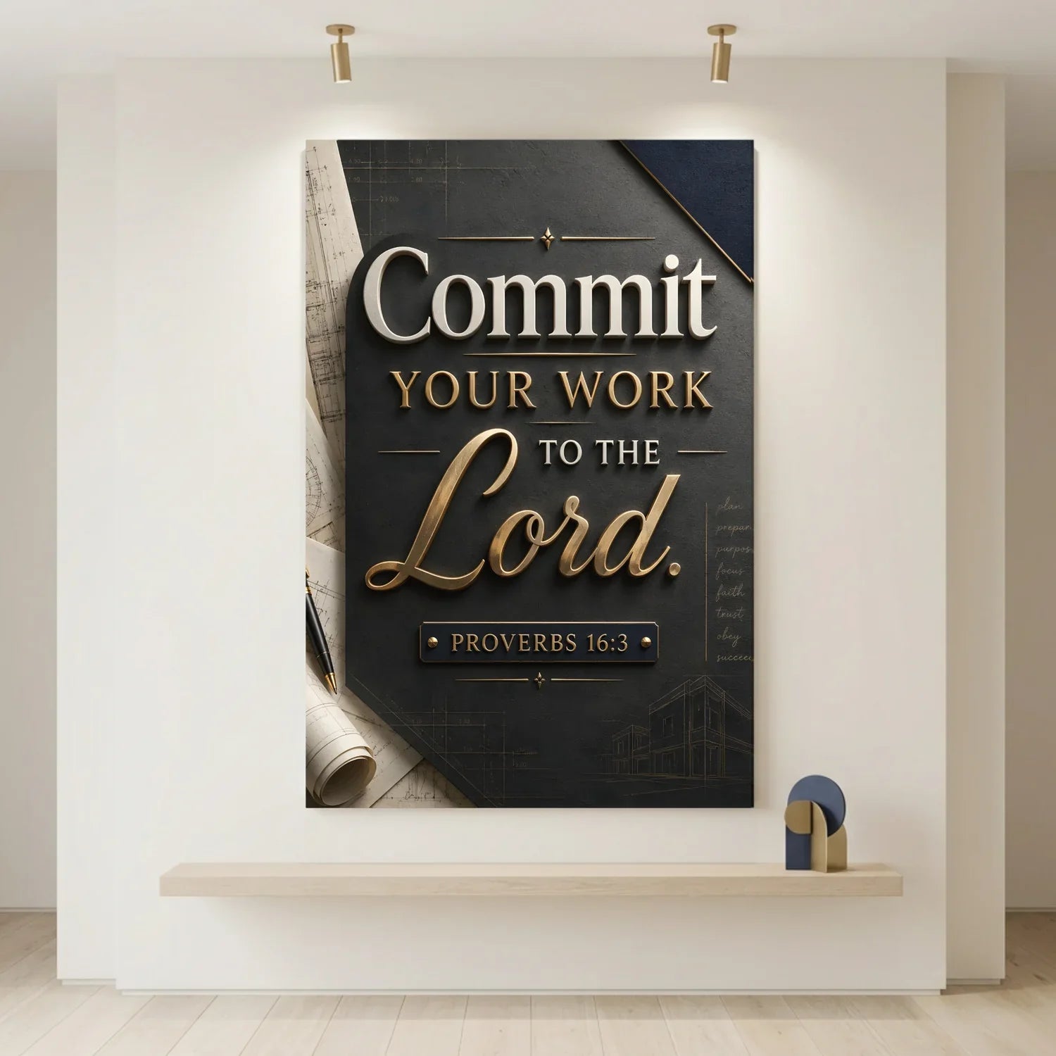 Poster with motivational quote 'Commit Your Work to the Lord' on a wall.