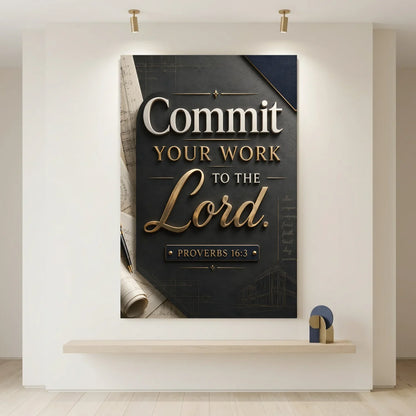 Poster with motivational quote 'Commit Your Work to the Lord' on a wall.