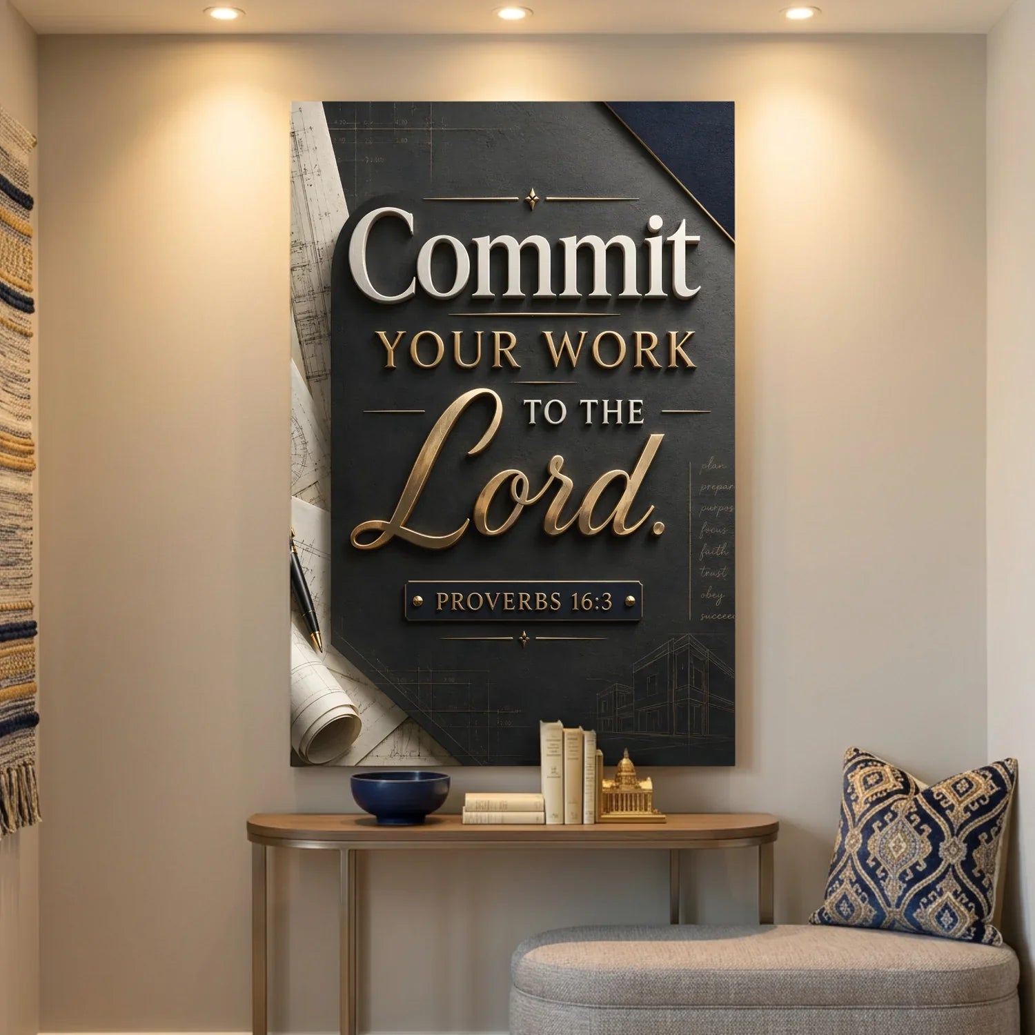Decorative wall art with motivational quote 'Commit Your Work to the Lord' in a home setting.