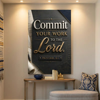 Decorative wall art with motivational quote 'Commit Your Work to the Lord' in a home setting.