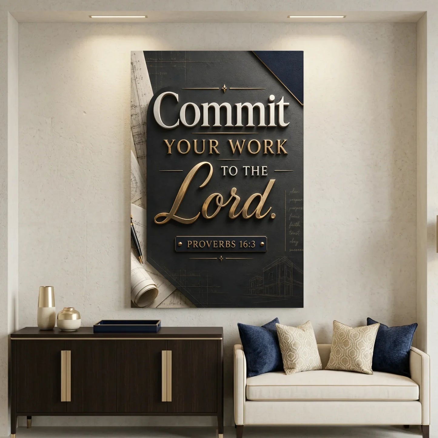 Decorative wall art with motivational quote in a living room setting