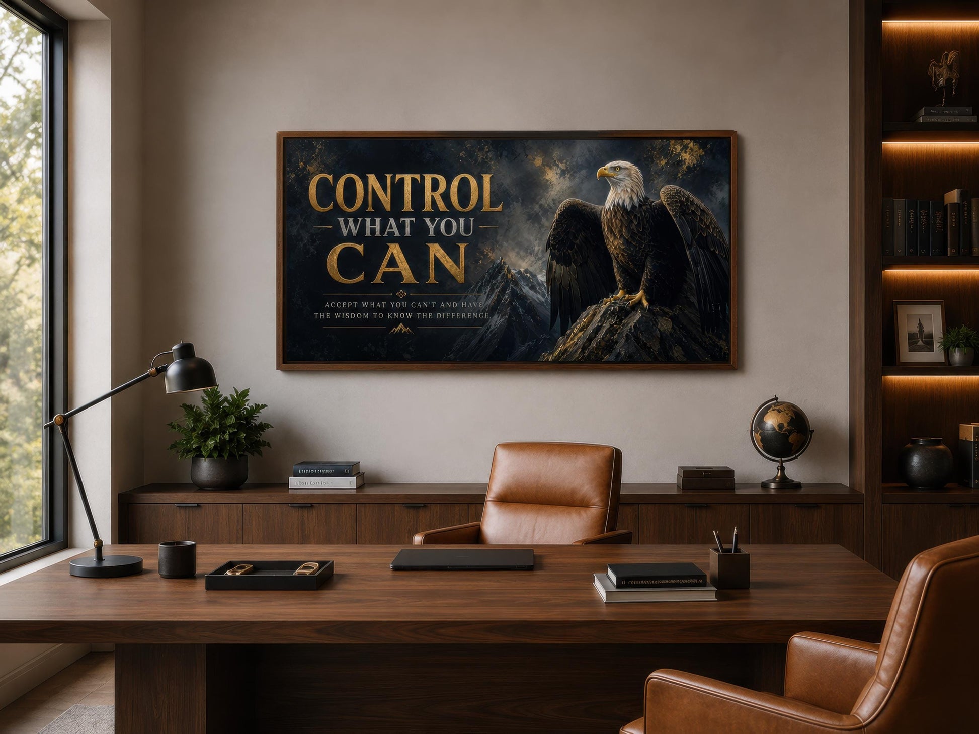 Control What You Can Motivational Bald Eagle Art – Black and Gold Canvas Print for Mens Office Decor