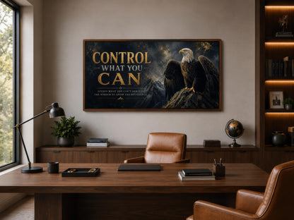 Control What You Can Motivational Bald Eagle Art – Black and Gold Canvas Print for Mens Office Decor