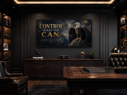 Control What You Can Motivational Bald Eagle Art – Black and Gold Canvas Print for Mens Office Decor