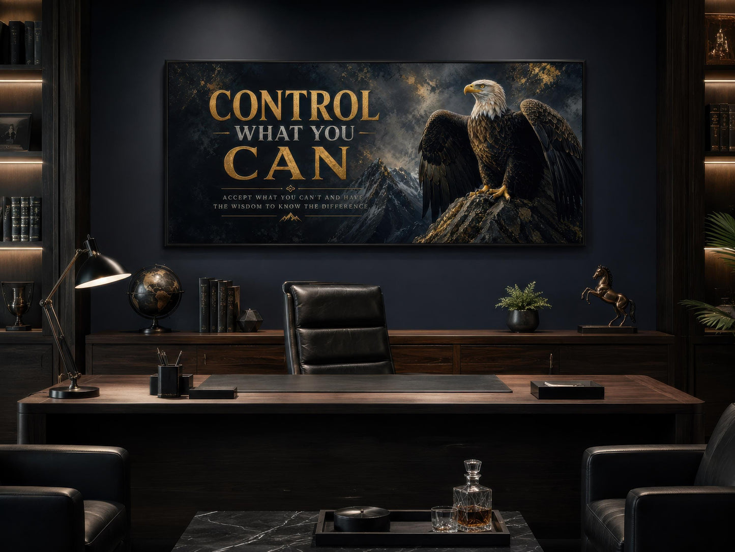 Control What You Can Motivational Bald Eagle Art – Black and Gold Canvas Print for Mens Office Decor