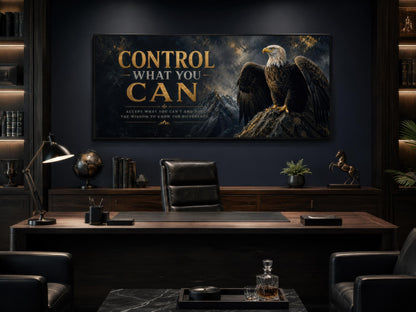 Control What You Can Motivational Bald Eagle Art – Black and Gold Canvas Print for Mens Office Decor