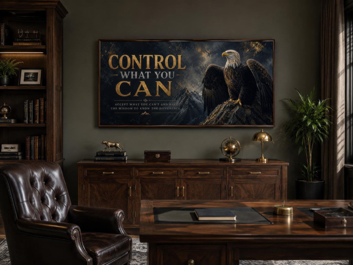 Control What You Can Motivational Bald Eagle Art – Black and Gold Canvas Print for Mens Office Decor