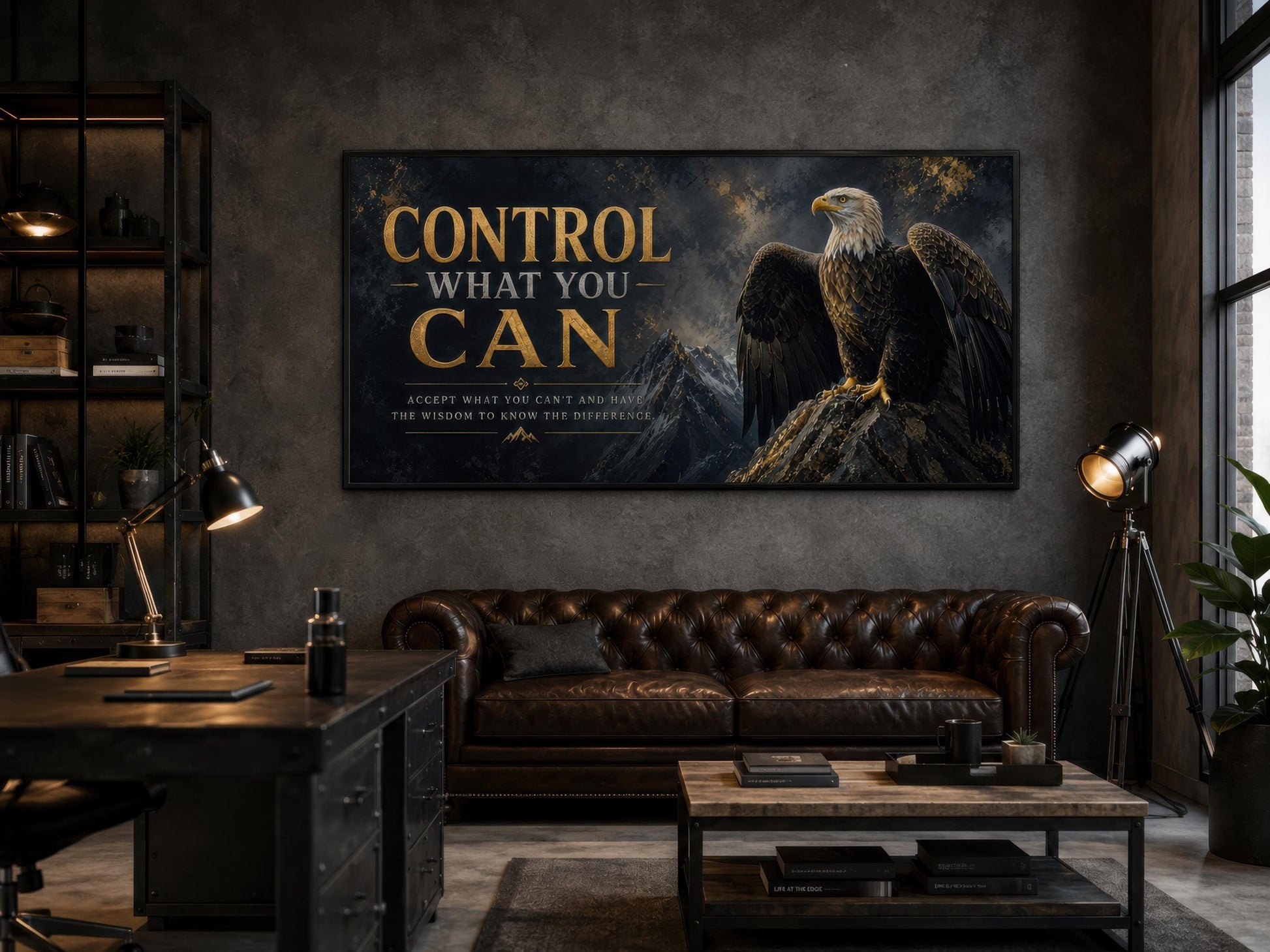 Control What You Can Motivational Bald Eagle Art – Black and Gold Canvas Print for Mens Office Decor
