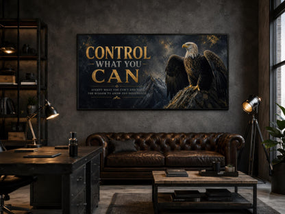 Control What You Can Motivational Bald Eagle Art – Black and Gold Canvas Print for Mens Office Decor