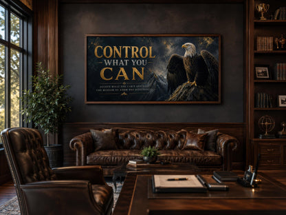 Control What You Can Motivational Bald Eagle Art – Black and Gold Canvas Print for Mens Office Decor