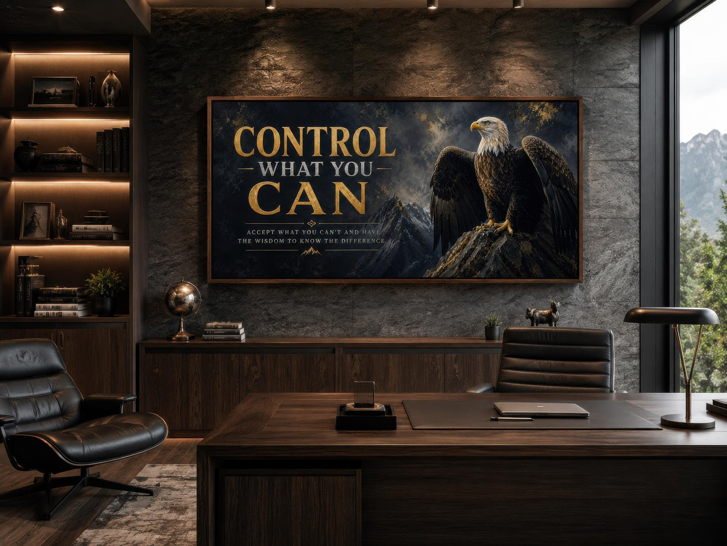 Control What You Can Motivational Bald Eagle Art – Black and Gold Canvas Print for Mens Office Decor