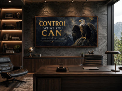 Control What You Can Motivational Bald Eagle Art – Black and Gold Canvas Print for Mens Office Decor
