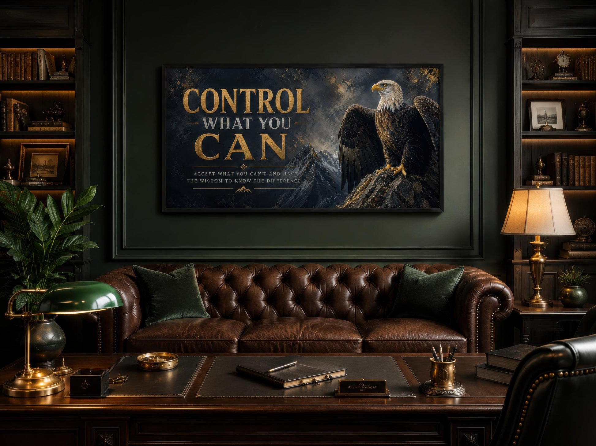 Control What You Can Motivational Bald Eagle Art – Black and Gold Canvas Print for Mens Office Decor