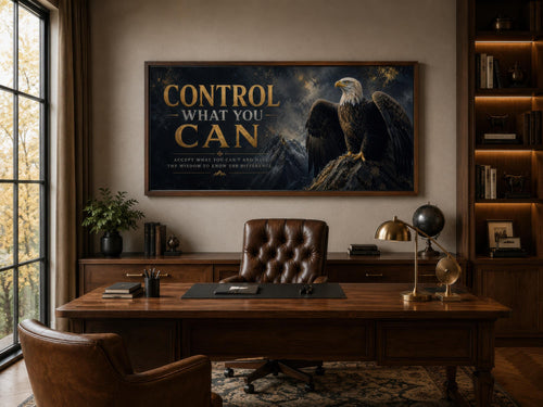 Control What You Can Motivational Bald Eagle Art – Black and Gold Canvas Print for Mens Office Decor