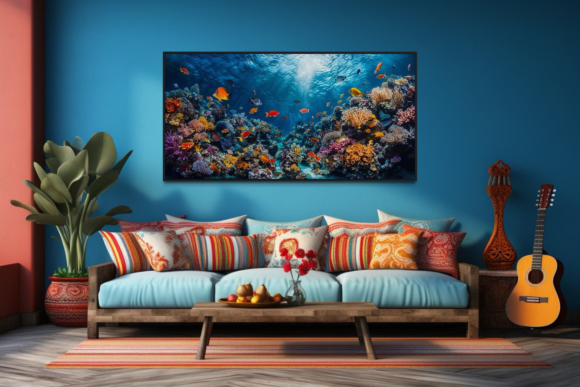 Coral Reef With Tropical Fish Underwater Framed Canvas Wall Art