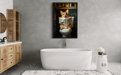 Corgi On The Toilet Reading Newspaper Picture Canvas Wall Art