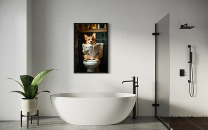 Corgi On The Toilet Reading Newspaper Picture Canvas Wall Art