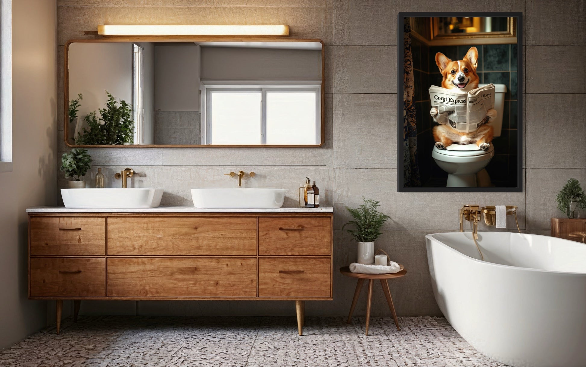 Corgi On The Toilet Reading Newspaper Picture Canvas Wall Art