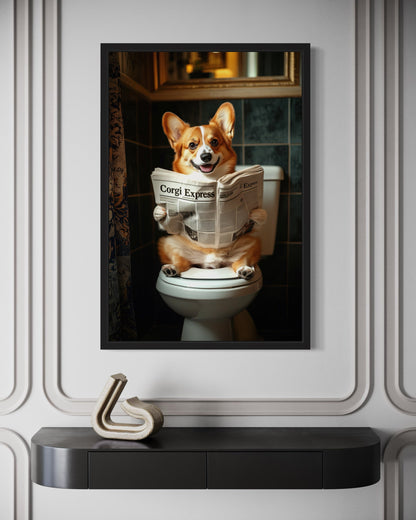 Corgi On The Toilet Reading Newspaper Picture Canvas Wall Art