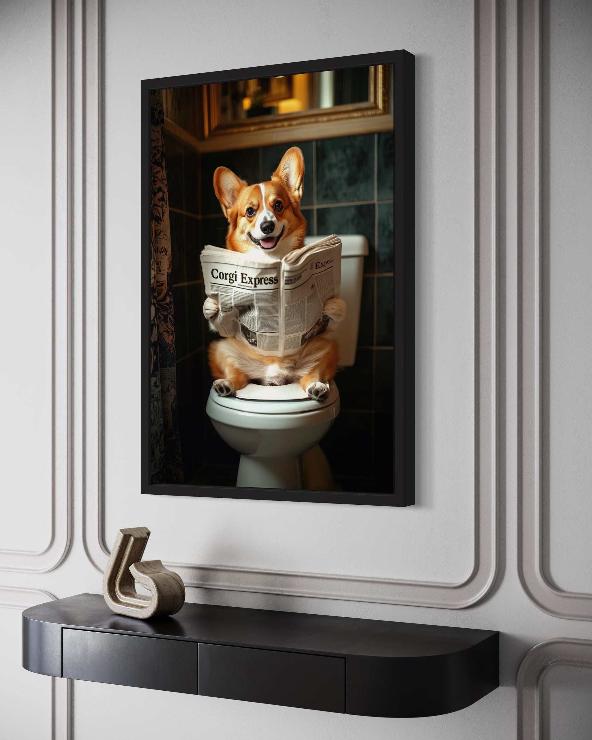 Corgi On The Toilet Reading Newspaper Picture Canvas Wall Art