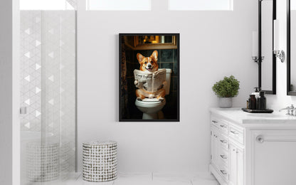 Corgi On The Toilet Reading Newspaper Picture Canvas Wall Art