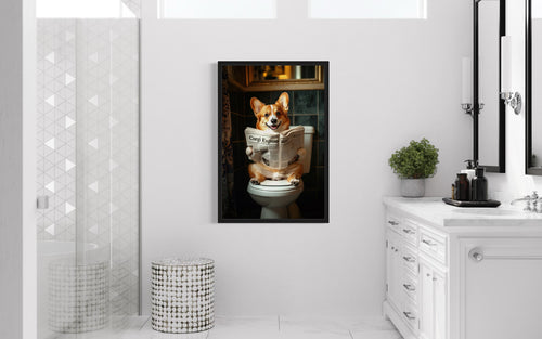 Corgi On The Toilet Reading Newspaper Picture Canvas Wall Art