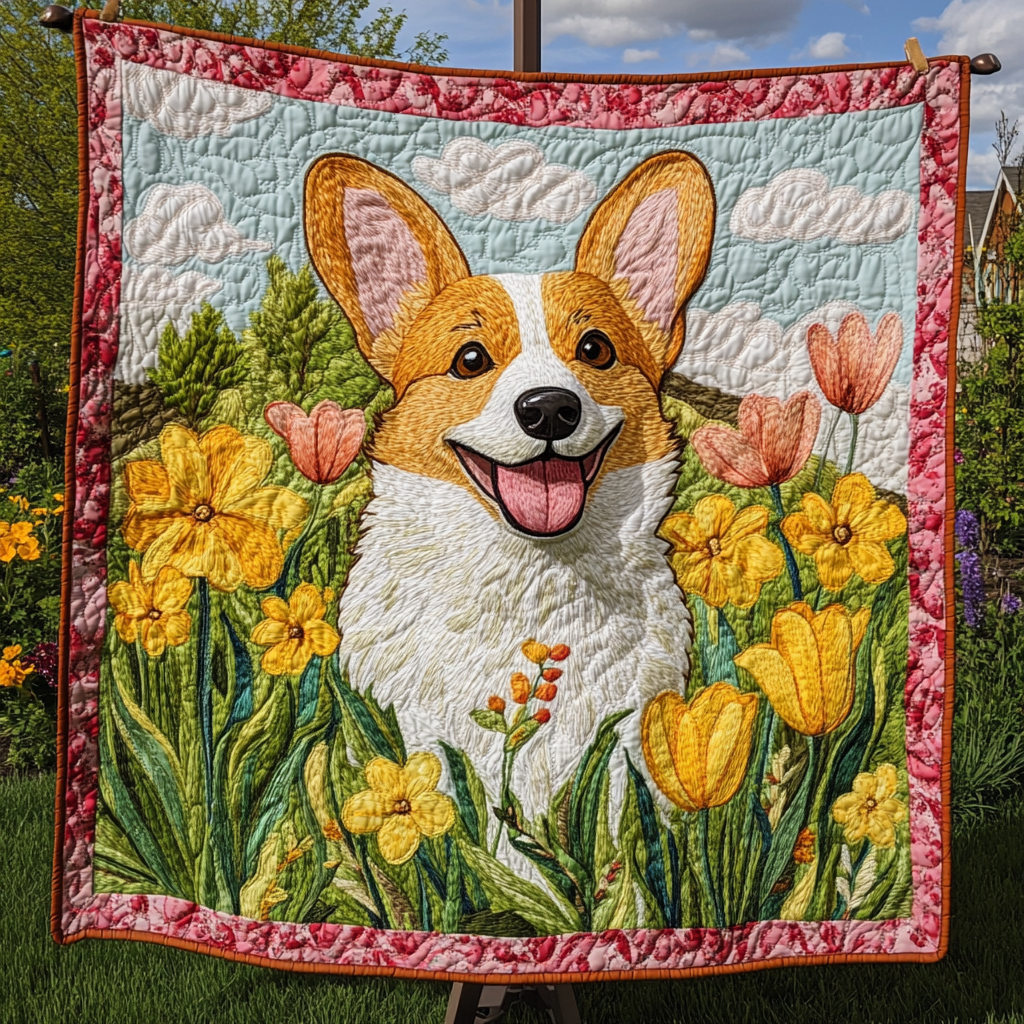 Corgi Fields of Bloom Quilted Blanket - Throw (55" x 60")